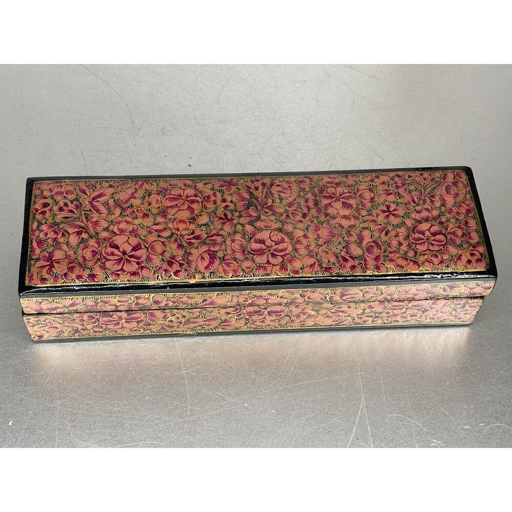 Vintage Kashmir Lacquered Pen Trinket Wooden Box Hand Made Metallic Floral